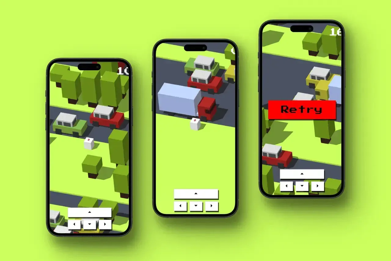 Modelos 3D estilo voxel en un juego de obstáculos renderizado en el navegador.