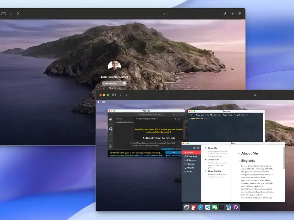 Interfaz interactiva que recrea el sistema operativo macOS Big Sur con ventanas de código y perfil abiertas.